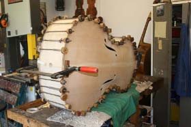 double bass making - gluing the front